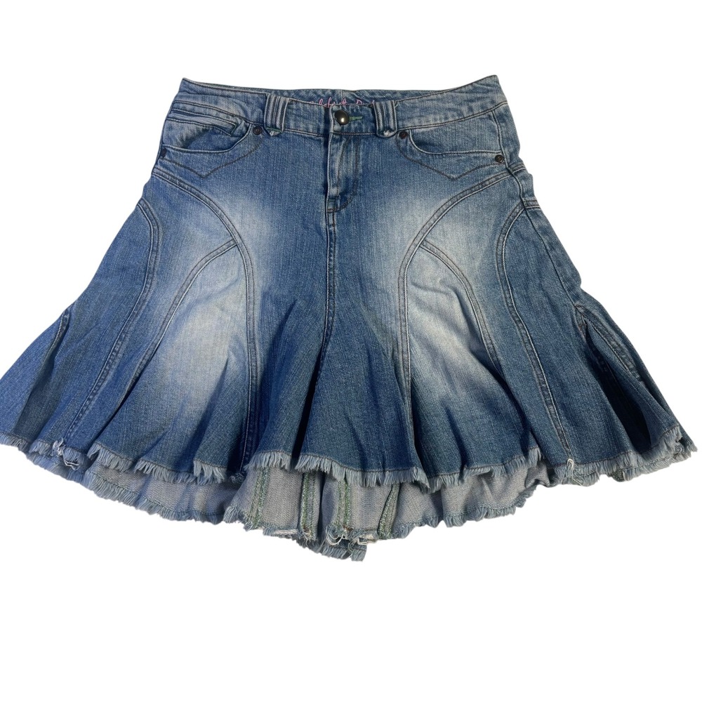 Celebrity Pink Denim Skirt Medium Wash Paneled Frayed Hem Size 9 Y2K Boho